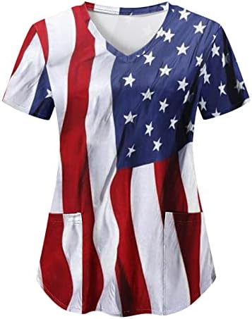 На 4 Юли, Тениски за жени с Флага на САЩ, Летни Тениски с Къс ръкав и V-образно деколте, 2 Джоба, Блузи, Празнична Ежедневни работни