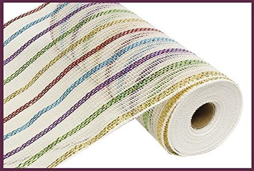 10Широки памучни поли-деко мрежести ленти бяло, червено, зелено, лилаво, синьо и златни цветове (10 ярда)