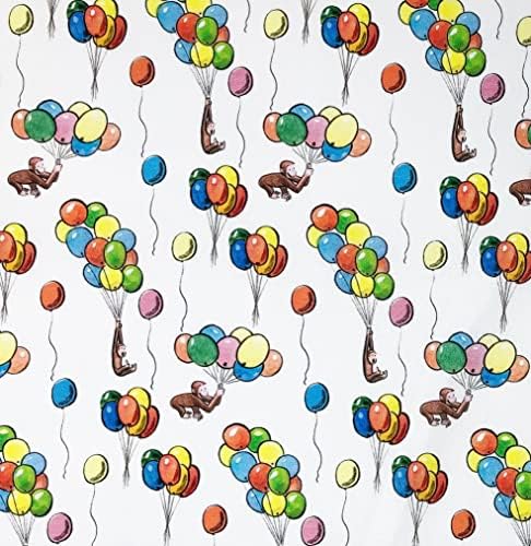1/2 Ярд - Многоцветни балони Любопитни George Monkey в бялата памучна тъкан (чудесно за капитониране, шиене, занаяти, възглавници и още