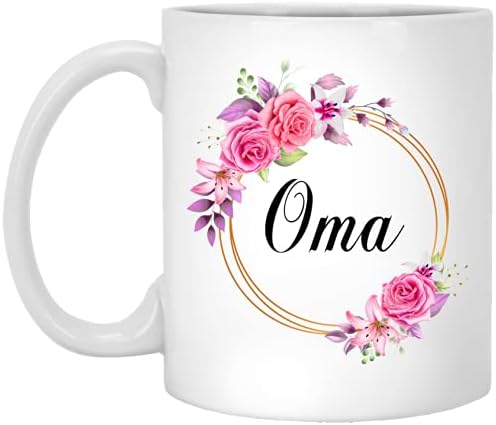 GavinsDesigns Новост Oma Flower - Кафеена чаша като подарък за Деня на майката - Розови цветя Oma в златна рамка - Новата кафеена чаша