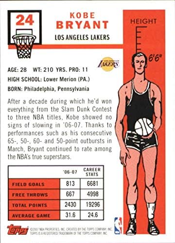 Кобе Брайънт 2007 2008 Баскетболно ретро серия Topps 1957 1958 година на издаване Монетная карта №24 С участието на звездата на Лос Анджелис