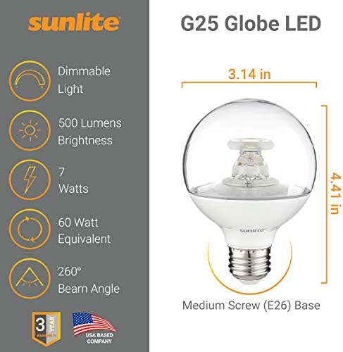 Led лампа Sunlite 41399-СУ G25 Globe, 27K, Топъл бял, 7 W (еквивалент на 60 W) 500 Лумена, Средна база (E26), с регулируема яркост, сертифицирана