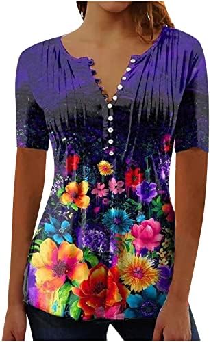 Тениска Дамски Памучен с Къс Ръкав Vneck Копчета С Цветен Модел, Сексуална Плиссированная Блуза, Тениска за Момичета GC