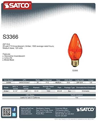 Крушка Satco S3366 120V Със Средна Основание мощност от 25 W F15, Янтарна
