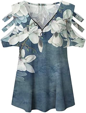 Блуза, Тениска за момичета Лято Есен 2023 С открити Рамене Памучен Блуза с къс ръкав и VОбразным деколте и джоб с Цветен Модел