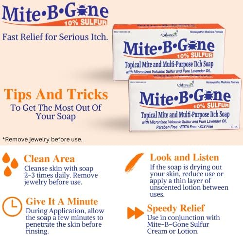 Сапун Mite-B-Gone с 10% съдържание на сяра от ухапвания от насекоми, акне, сърбеж и зачервяване (4 грама - 2 опаковки) Бързото и ефективно