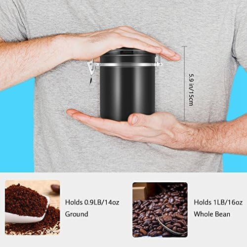 Контейнер за кафе Lazmin от Неръждаема Стомана, капацитет 1,5 л, Запечатани на Банката за кафе във Вакуумна опаковка с капак на CO2, за Кухненски съдове за готвене (Черен)
