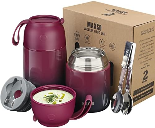 MAXSO 2 Опаковки Супового на Термос за топла храна, Термоконтейнеры за обеди с Вакуумна Изолация за възрастни, Пътна Колба за хранене