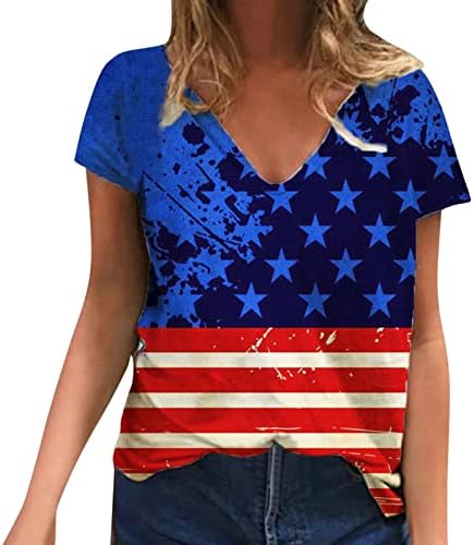Основи на Женската Риза Дамски Американската Звезда Флаг Топ Тениска С V Образно деколте, Риза Модни Блузи С Къс Ръкав Топ Женски Свободен