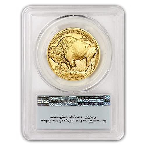 2022 Златна монета Buffalo MS-70 тегло 1 унция (MS70 - First Strike - Bison Label) на стойност от 50 щатски долара на Монетния двор на