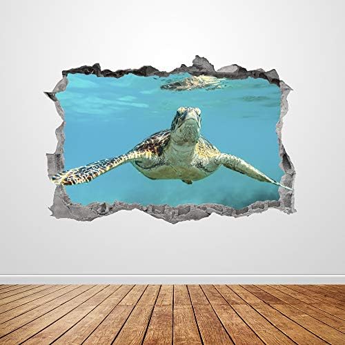 Морска Костенурка Стикер на стената Разби 3D Графика Под Океана Стикер На стената Художествена Живопис Плакат Декор на Детска Стая Подарък UP305 (70 W x 46В см)