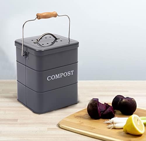 Кофа кофа за компост, Кухненски Плот, Кофа за Компост в помещението, чудесно за хранителни отпадъци, Въглеродна Стомана, Дръжка, Сиво, 1 Галон - Включва Въглероден фи?