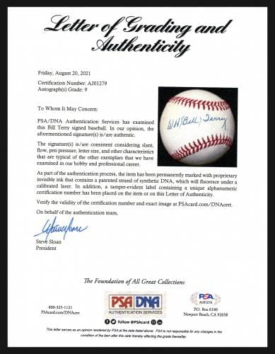 Бейзболни Топки с Автограф Бил Тери, Официален Представител на NL Baseball New York Giants Auto Grade Mint 9 PSA/DNA AJ01279 - Бейзболни
