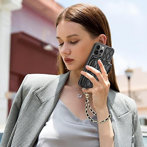 LAMEEKU Разработена за iPhone 14 Pro Max Калъф-портфейл, чанта за Носене-държач за карти за Носене в чантата си през рамо за жени, Ватиран Кожена RFID-устойчив на удари калъф, Съв?