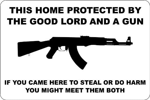Стикер Украсете Тази Къща, защитени Добър е Господ, и Пистолет AK-47 8 x 12, Метален Знак Новост от Алуминий S146